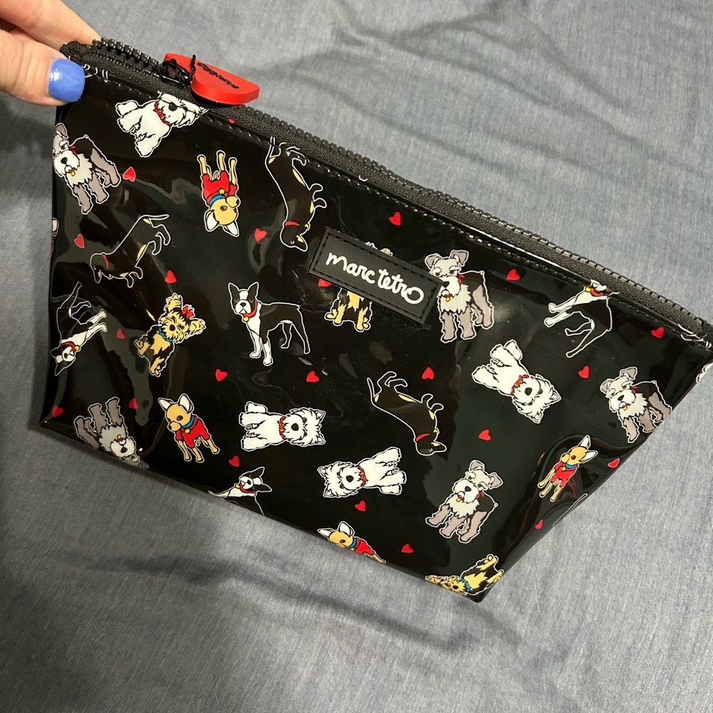 Marc Tetro Black patent leather feel Dog Print Pouch make up case bag